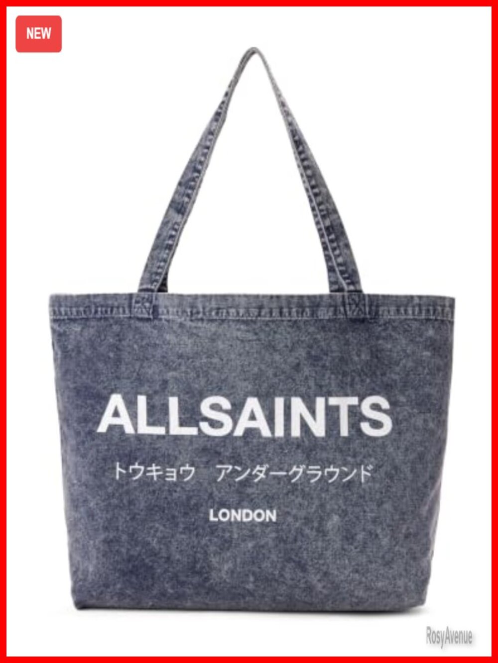Acid Wash Denim Tote Bag with Japanese Text Double Shoulder Straps